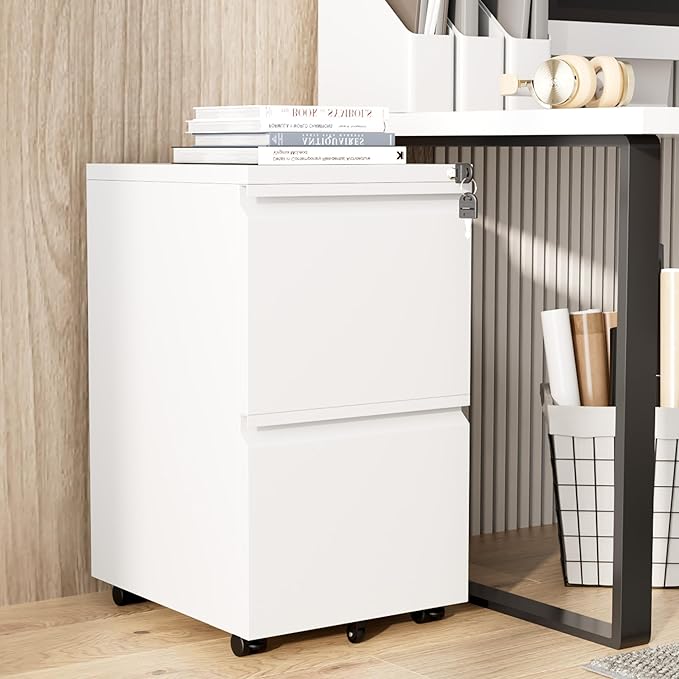 Greenvelly 2-Drawer Mobile File Cabinet with Lock, Metal Rolling Filing Cabinet on Wheels, Under Desk File Cabinet for Home Office, Fits Letter/Legal/A4 File (Assembly Required, White)