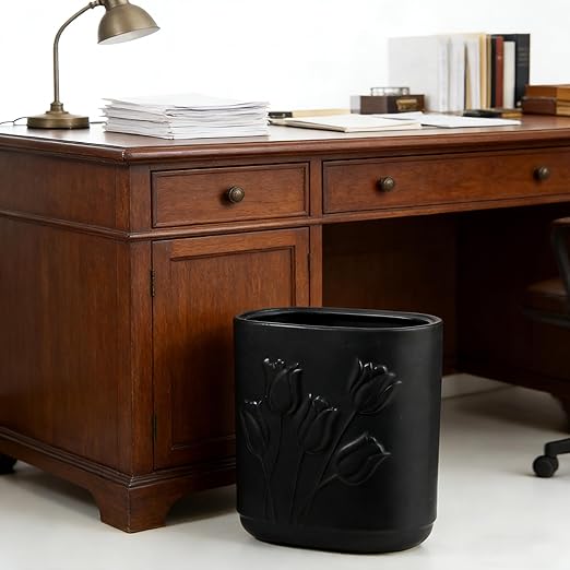Black Ceramic Tulips Small Bathroom Trash Can 2.6 Gal (10 Liter) - Heavy & Decorative Garbage Bin for Bathroom, Kitchen, Office, Bedroom & Living Room Corner