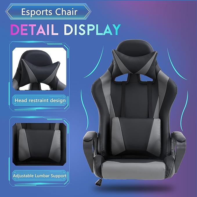 PayLessHere Ergonomic Racing Desk Chair Gaming Chair Computer Chair with Armrests 360° Swivel & Caster Pu Desk Task Chair Executive Headrest Lumbar Support for Back Pain Women Men and Adults (Grey)