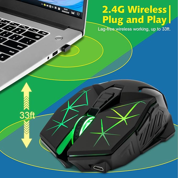 CHONCHOW Rechargeable Wireless Gaming Mouse, 7 Buttons, Up to 3200 DPI, RGB LED, USB-C, Side Buttons, 2.4G, Long Charging Cable,Compatible PC Laptop Win Mac Chromebook, Black