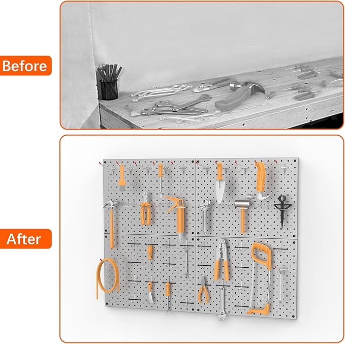 TORACK 4 PCS 12"x16" Metal Pegboard Panels for Garage, Workbench, Shop, Tool Organizer Peg Board with 1/8" & 1/4" Holes, Modular Wall-Mounted Pegboard for Pegboard Hooks (Grey)
