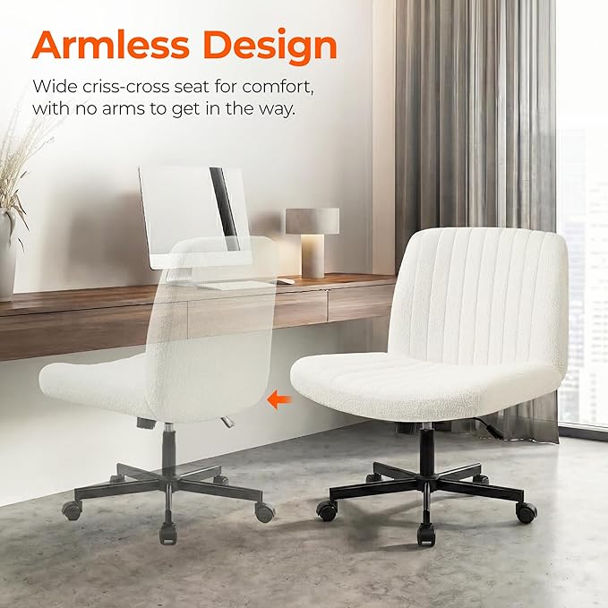 Orange Factory Criss Cross Chair Wheels Vanity Chair Office Desk Comfy Wide Cross Legged Armless Teddy Fabric Adjustable Swivel for Home Computer Task (White, Teddy Fleece)