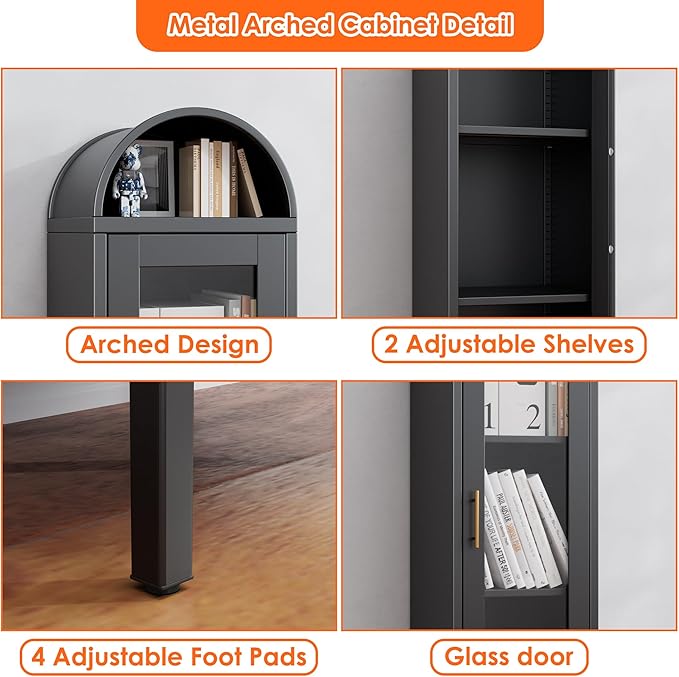 Aobabo 63“H Metal Arched Display Cabinet with Glass Door,Arched Bokcase with 2 Adjustable Shelves for Home Office,Assembly Required, Black