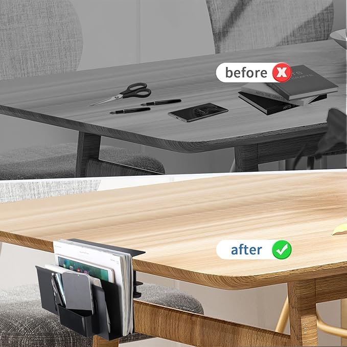 2 Tier Desk Side Storage, Desk Laptop Holder with Magnetic Pen Holder, No Drill Hanging Table Organizer for Office and Home Fits Flat Edge 0.3" to 2.3"
