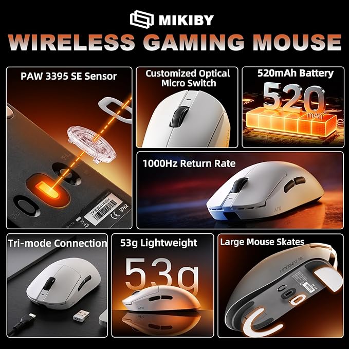 A9 Gaming Mouse, 18000 DPI, PAW3395 SE Sensor,53G Lightweight, Tri-Mode 2.4G/BT5.0/USB-C Wireless/Wired Mouse, Programmable Mouse, Office Mice for PC/Xbox/Win/Mac (White)