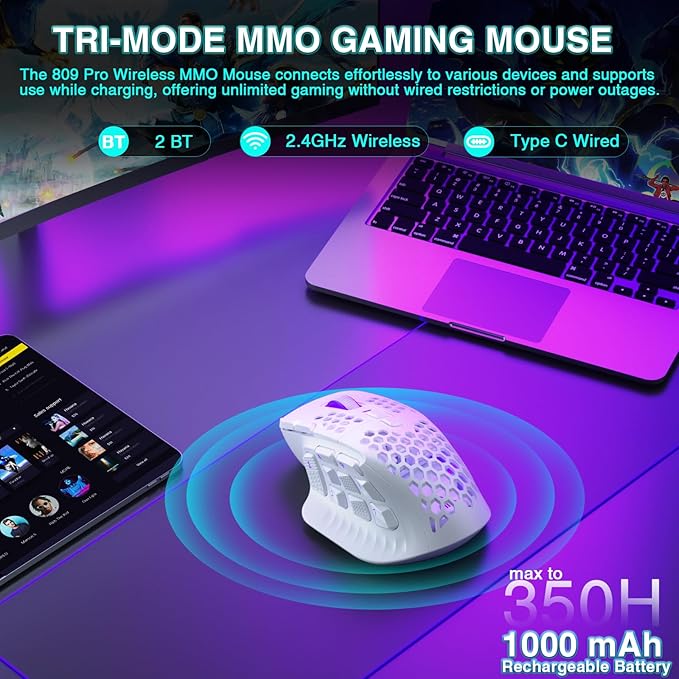 SOLAKAKA SM809 Pro Gaming Mouse with 9 Side Buttons,24000 DPI RGB Mouse for Gamer,16 Programmable Macros MMO Mouse,White