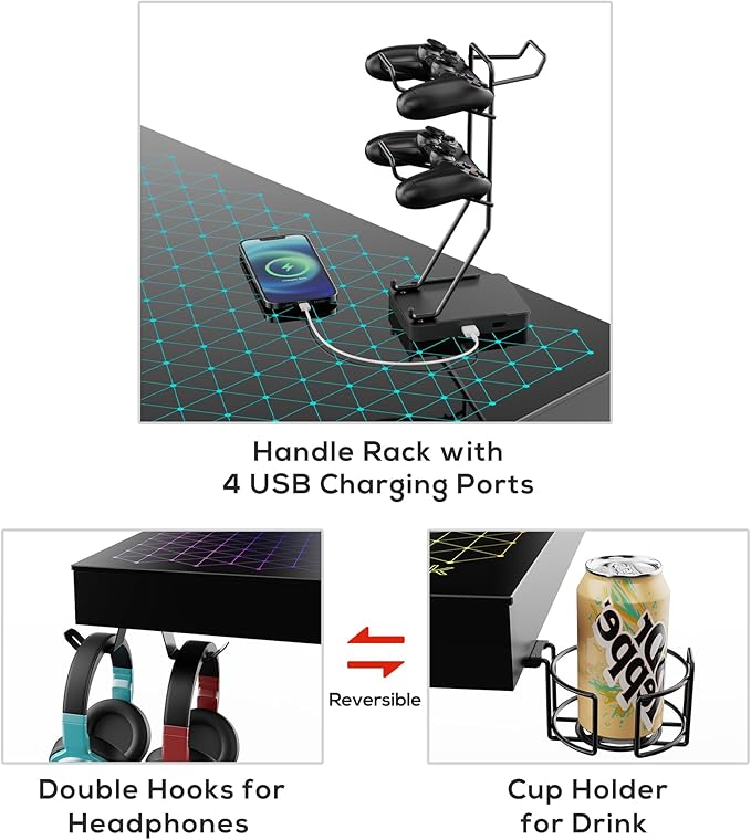 EUREKA ERGONOMIC RGB LED Gaming Desk, Music Sync Lights Up Tempered Glass Desktop, 43" GTG I43 Home Office Computer Table W Controller Rack 4 USB Charging Ports, APP Control
