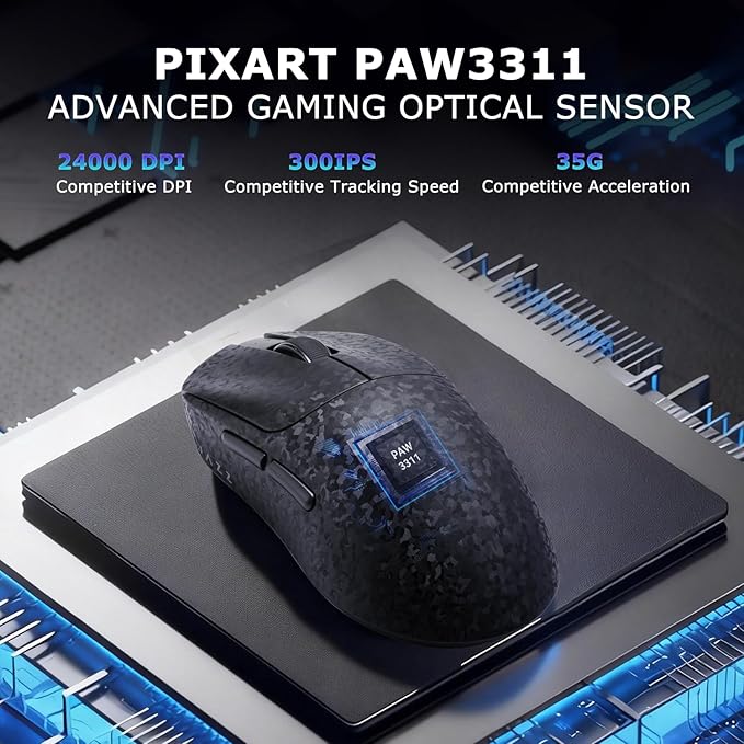 AJ199 Hybrid Wireless Gaming Mouse | Genuine Carbon Fiber Grip Shell | Tri-Mode 2.4G/Bluetooth/USB-C | 60g Balanced Lightweight | 24K DPI PAW3311 | 119mm Compact | PC/Mac/Travel | Black