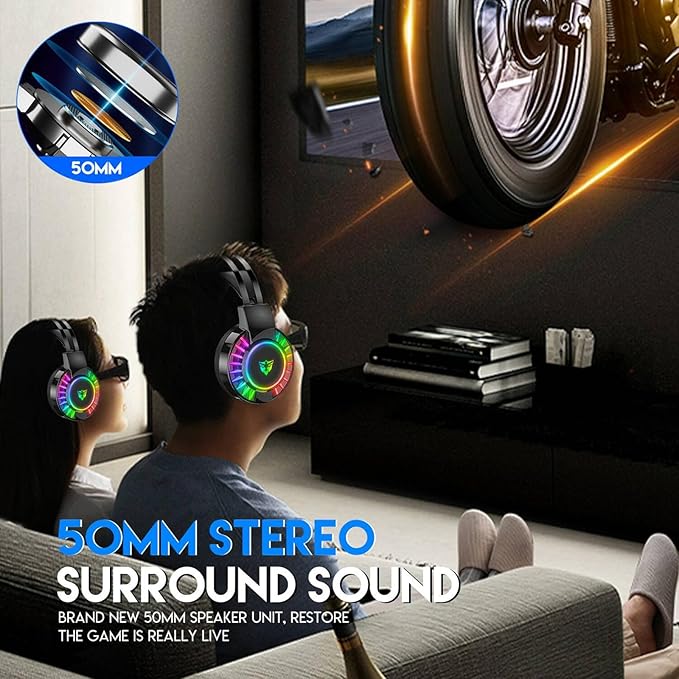 Wired Gaming Headset for PS4 PC Xbox One PS5 Controller, Noise Cancelling Over Ear Headphones with Mic, 7 Color LED Light, 7.1 Surround Sound, Soft Memory Earmuffs for Nintendo Xbox Series(Black)