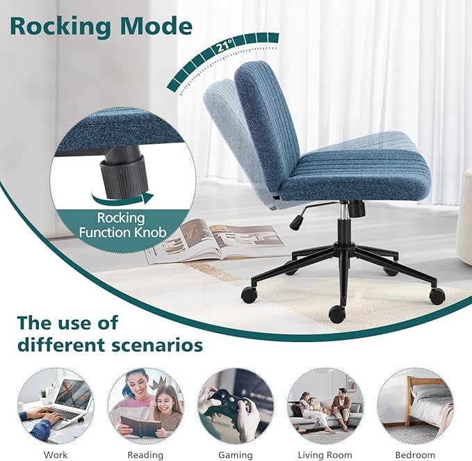 OLIXIS Criss Cross Chair with Wheels Wide Cross Legged Office Desk Vanity Chair Comfy Fabric Armless Adjustable Swivel for Home Computer Task Blue