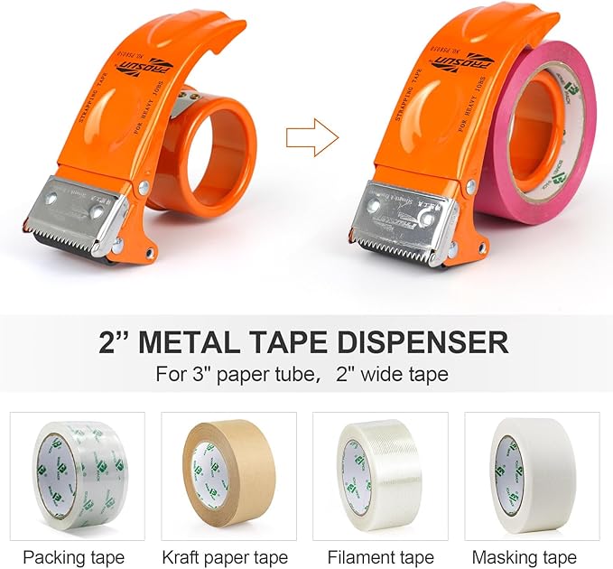 BOMEI PACK Metal Packing Tape Dispenser, 2inch Heavy Duty Handheld Heavy Duty Tape Holder, 2Pcs, Orange + Blue