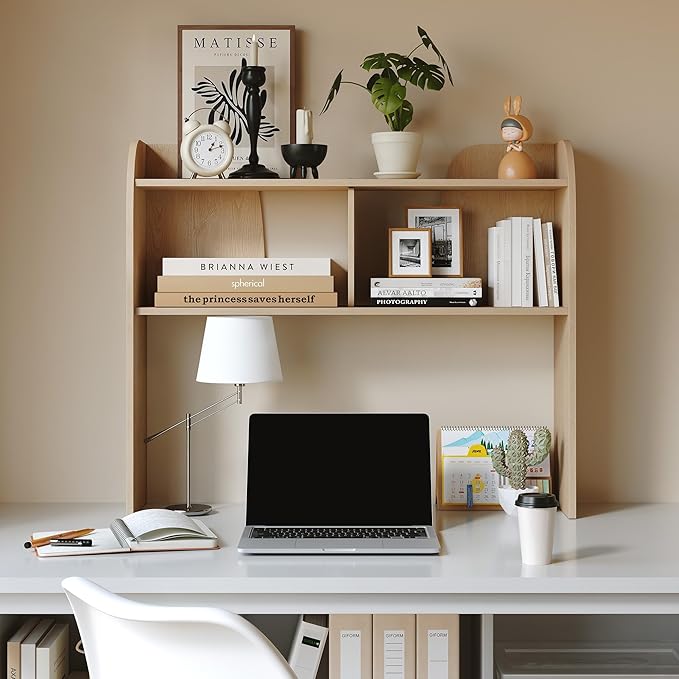 Wooden Desktop Bookshelf,37”3-Tier Rounded-Edge Desk Storage Organizer,Space-Saving Countertop Shelf for Office Dorm Home，Burlywood