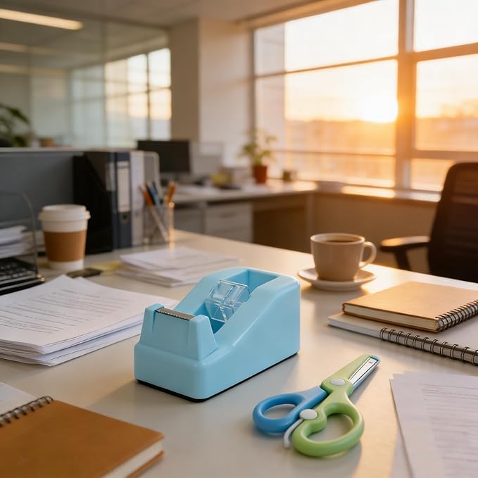XEUZK Desktop Tape Dispenser Kits with Weighted Nonskid Base Tape Dispenser- Includes 9 Rolls of Transparent Tape(0.71 Inch x 500 inches Each) & Blue Scissors, 2 Pcs Tweezers (Lake Blue)