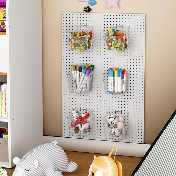 LIGHT DUST Clear Pegboard Cups with Hooks, 1/8" & 1/4" Peg Board Orangizer Accessories Aesthetic Decoration for Garage Workbench Craft Room Office Playroom Organization (6, S/M/L)