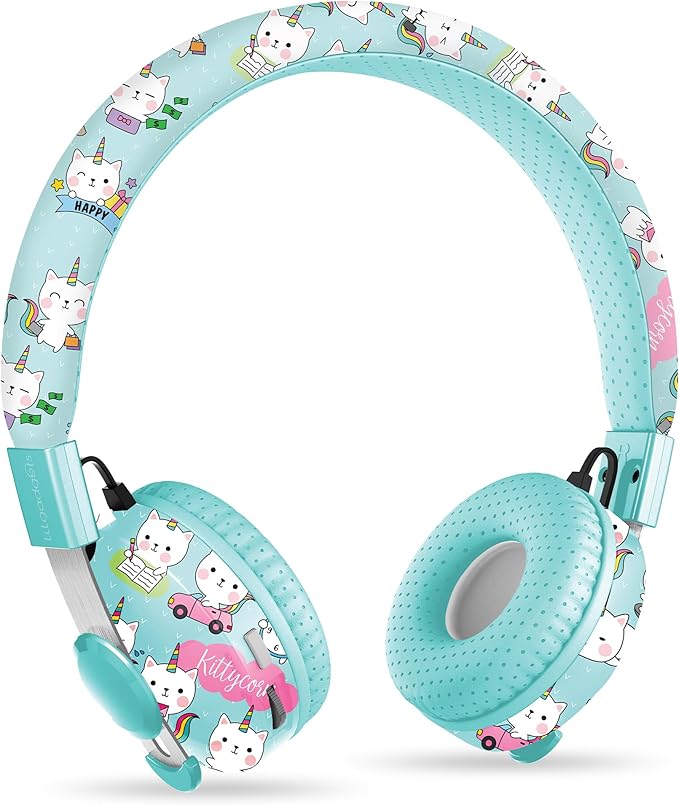 LilGadgets Untangled Pro Kids On-Ear Headphones - Bluetooth Wireless Headphones – Volume-Limited to 93 dB with Built-in Sharing Port (Rainbow Cat)