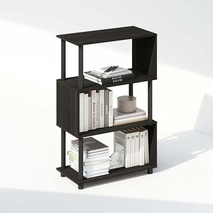 Furinno Reed Book Shelf, 4-Tier Bookshelf with Open Shelf, Geometric Bookcase with S-Shaped Frame, 11.8 x 23.6 x 36.5, for Living Room, Bedroom, Home Office, Espresso