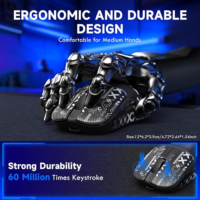 ZIYOU LANG×Magic-Refiner AJ199 Lightweight Wireless Gaming Mouse,Tri-Mode(2.4G/Wired/BT),24K DPI,PAW3311 Optical Sensor,1000Hz Polling Rate,600mAh,49g Ergonomic Mice for Mid-Large Hands-Black&Sticker