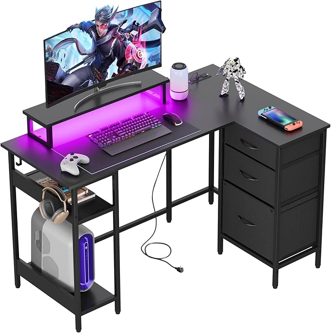 DEVAISE L Shaped Gaming Desk with Drawers and Storage, L Shaped Desk with LED Lights, Power Outlets, PC Desk with Monitor Stand, Corner Desk for Home Office (Black, 47 Inch)