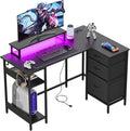 DEVAISE L Shaped Gaming Desk with Drawers and Storage, L Shaped Desk with LED Lights, Power Outlets, PC Desk with Monitor Stand, Corner Desk for Home Office (Black, 47 Inch)