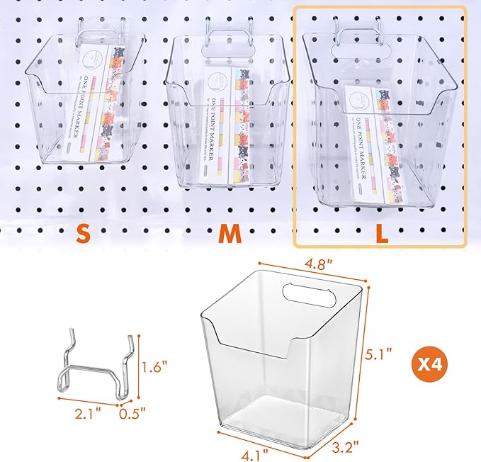 LIGHT DUST Clear Pegboard Cups with Hooks, 1/8" & 1/4" Peg Board Orangizer Accessories Aesthetic Decoration for Garage Workbench Craft Room Office Playroom Organization (4, Large)