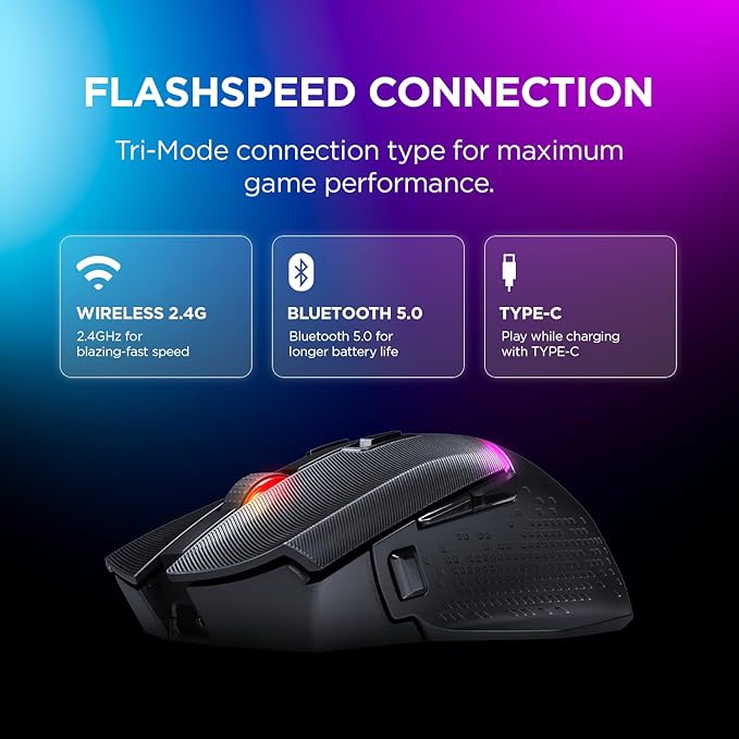 Rampage M3 Wireless Gaming Mouse. 10000 DPI, Tri Mode USB C, Bluetooth, 2.4GHz. 55 hr Battery Life RGB Mouse Designed for Mouse Gamers - Black.