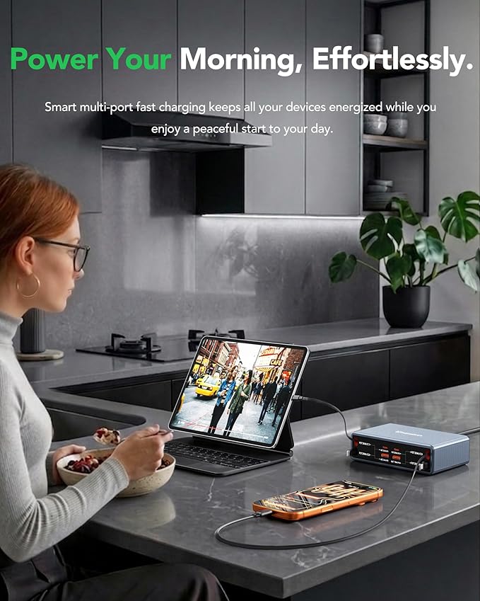 8-in-1 Retractable Charger for Apple Samsung Multiple Devices,Charging Station 105W USB c Gan Usbc Hub,Fast Charger Wall Plug for iPhone 17/16/15,Galaxy S26,Pixel,iPad,Home Office,Desktop Accessories