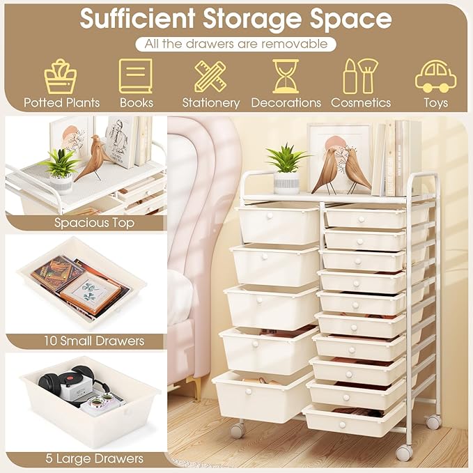 Moccha 15-Drawer Rolling Storage Cart - Under Desk Storage Drawers with wheels for Craft Art Supply Paper Salon, Scrapbook Paper Tools, Mobile Utility Cart for Classroom (15 Drawers, White)