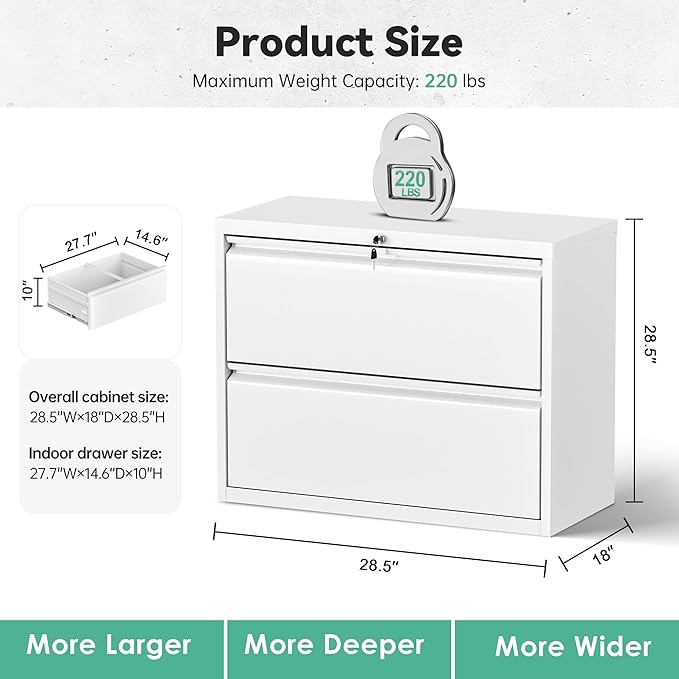 Bonusall Lateral File Cabinet with Lock, 2 Drawer Locking Lateral Filing Cabinet for Legal/Letter Size, Metal Horizontal File Organizer with Hanging Rack for Home Office, Heavy Duty, White
