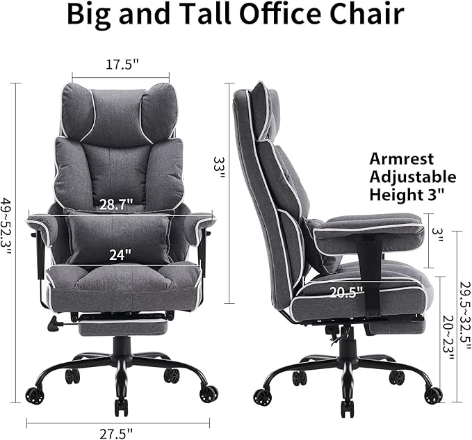 Efomao Fabric Office Chair, Big and Tall Office Chair 400 lb Weight Capacity, High Back Executive Office Chair with Foot Rest, Ergonomic Office Chair for Back Pain Relief, Gray