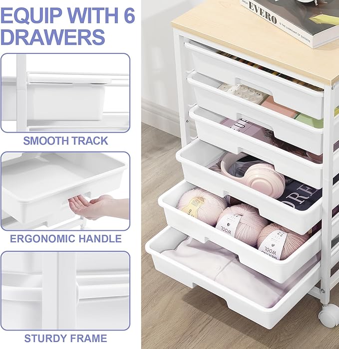 SYKIARIOL Rolling Cart with Drawers,Utility Cart with 6 Drawers,Rolling Storage Cart with Drawers and Wooden Tabletop & Lockable Wheel,White