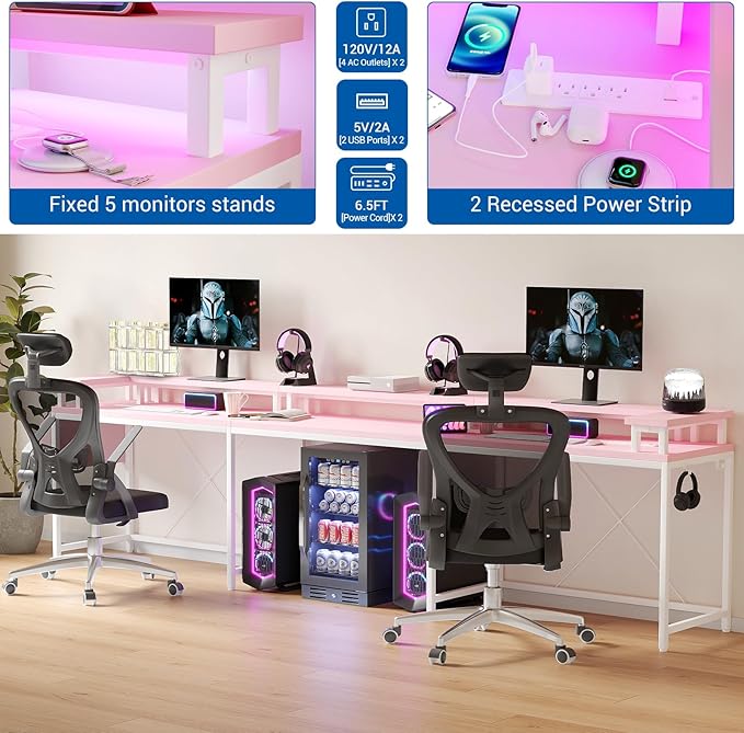 Jojoka U-Shaped Computer Desk with Power Outlets & RGB LED Lights - Reversible l-Shaped Office Desk, Full Monitor Stand, Modern Home Office Workstation, 600lbs Capacity 79",Game Desk, Pink