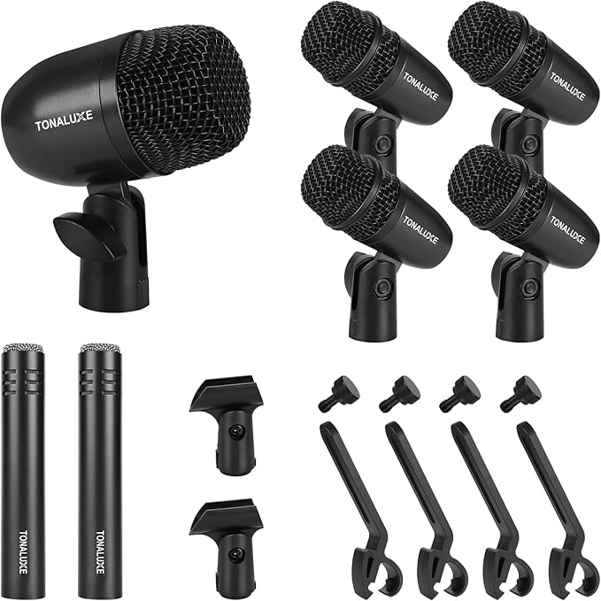 Drum Mic Kit, 7-Piece Wired Dynamic Drum Microphone Set with Carry Case,Thread Clip & Mics Holder, Full Metal Bass/Tom/Snare/Hi-hat Cymbals Mics for Instrument Recording & Music Production