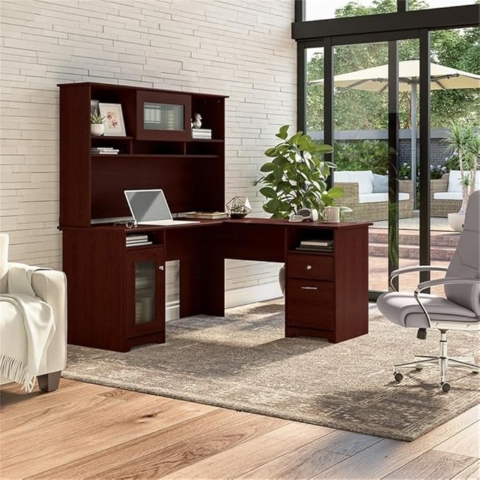 Bush Home Cabot L Shaped Desk with Hutch, Corner Desk with Storage for Home Office in Harvest Cherry, 60W L Shaped Computer Desk