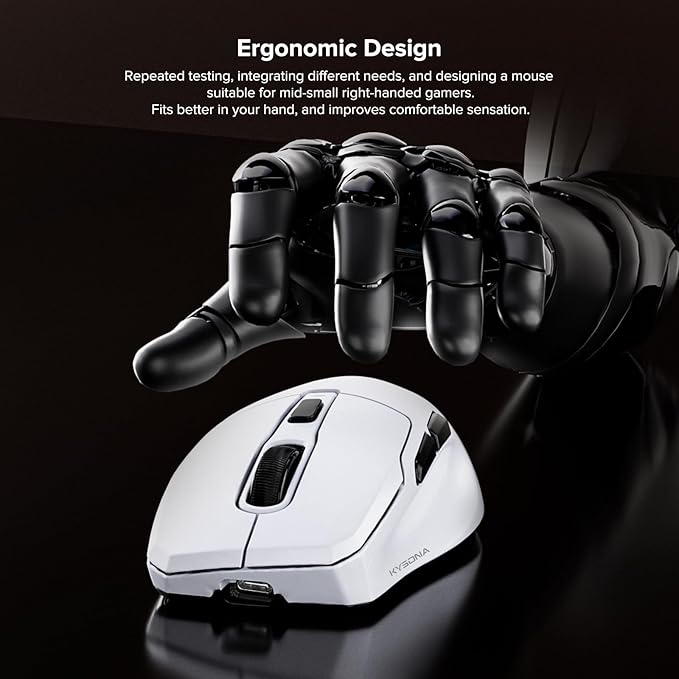 KYSONA Wireless Gaming Mouse, 26000 DPI, 8K Polling Rate, Tri-Mode 2.4GHz/USB-C/Bluetooth Ergonomic Mouse with Web-Driven, Ice-Cooling Coating, Rechargeable Gaming Mice for Laptop/PC/Mac/Xbox, White