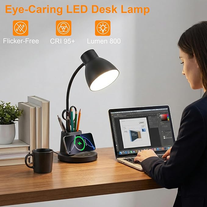 Sailstar Desk Lamp for Home Office, 10W Wireless Charging, Eye-Caring LED Desk Light, CRI 95+ 3 Color Modes Stepless Dimming Pen Holder, 360° Flexible Arm Desk Lamps for College Dorm, Adapter Included