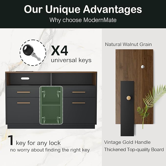 ModernMate 4 Drawer File Cabinet, Wood Filing Cabinet for Home Office with Lock, Power Strip, Storage Shelves, Home Office Lateral File Storage Fits Legal/Letter Size, Black Walnut