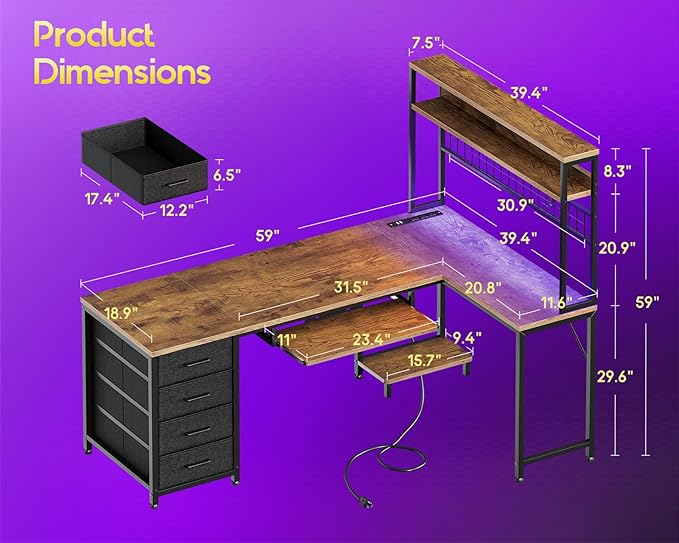 AODK 59 Inch L Shaped Desk with 4 Drawers, Gaming Desk with Led Lights & Power Outlets, Computer Desk with Pegboard, Reverisble Home Office Desk with Storage Shelves & CPU Stand, Vintage