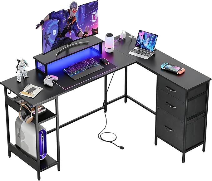 DEVAISE 60 Inches L Shaped Desk with Drawers, L Shaped Gaming Desk with Power Outlets, LED Lights, Monitor Stand, Computer Desk with Storage, Large Corner Table for Home Office (Black)