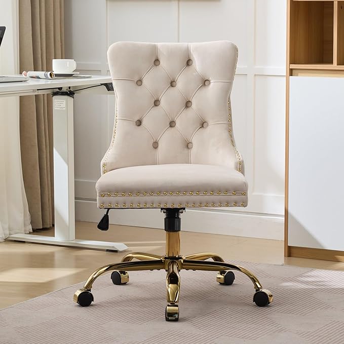 Goujxcy Desk Chair, Modern Velvet Upholstered Tufted Button Home Office Chair, 360° Swivel Armless Desk Chairs, 120°Rocking Ergonomic Computer Task Vanity Chairs, Beige & Gold