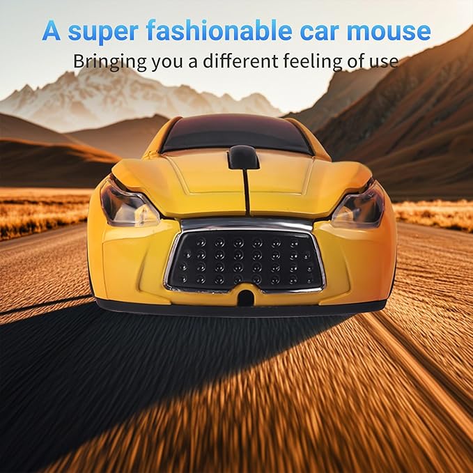 elec Space Wireless Mini Mouse with Case - Cute Sports Car Shape, Lightweight & Portable, 10m Range, Plug and Play (Yellow)
