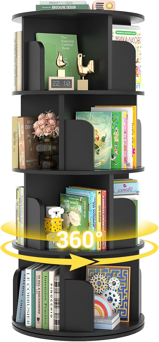 Besiost Rotating Bookshelf, Wood Corner Bookshelf, 360 Display Spinning Bookcase Storage Rack, 4 Tier Floor Standing Revolving Bookcase Narrow Book Shelf Organizer for Small Space, Bedroom, Black