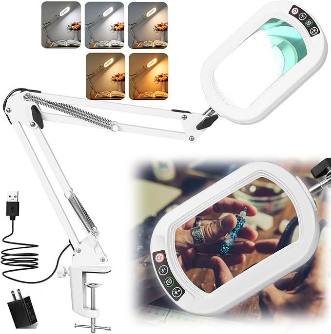IVMAIE 10X Rectangle Magnifying Glass with Light, 5 Color Modes Stepless Dimmable Magnifier with Stand, LED Lighted Clamp Desk Lamp with Swing Arm, Hands Free for Reading Painting Close Work - White