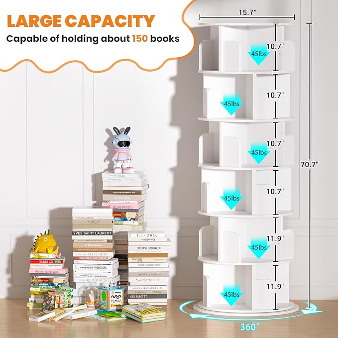 Besiost Rotating Bookshelf Tower, 6 Tier Spinning Bookcase, Revolving 360 Book Shelf Narrow Tall Bookcase, Vertical Turning Round Bookshelf Organizer, Wood Corner Bookshelf for Small Space, White