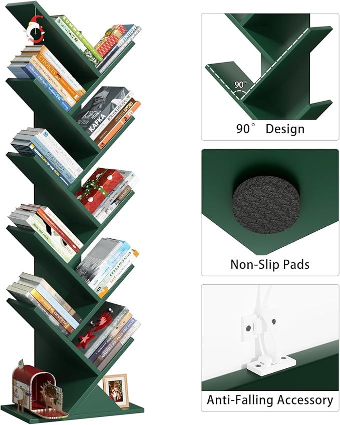 SHEEPAM 10 Tier Tree Book Shelf, Floor Standing Wood Bookshelf for Narrow Space, Storage Organizer Bookshelves for Books/CDs/Magazine, Bookcase with Shelves for Home Office, Living Room