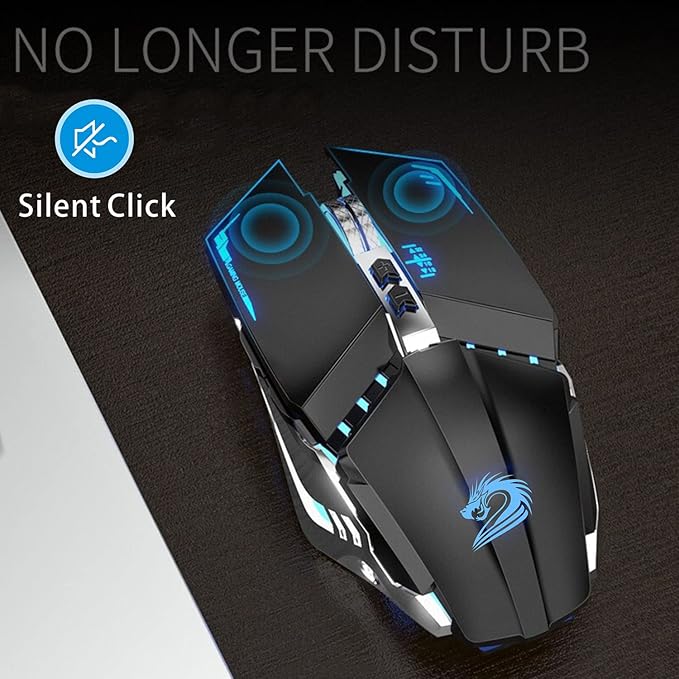 TENMOS T12 Wireless Gaming Mouse Rechargeable, 2.4G Silent Optical Wireless Computer Mice with Changeable LED Light for Laptop PC, 7 Buttons (Black)
