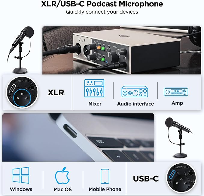 Xlr Usb Dynamic Microphone for Singing Recording, Metal Dynamic Studio Singing Recording Microphone with Mic Gain, Desktop Stand, Pop Filter, Headphone Jack, for PC, Audio Interface, Mixer, Mac
