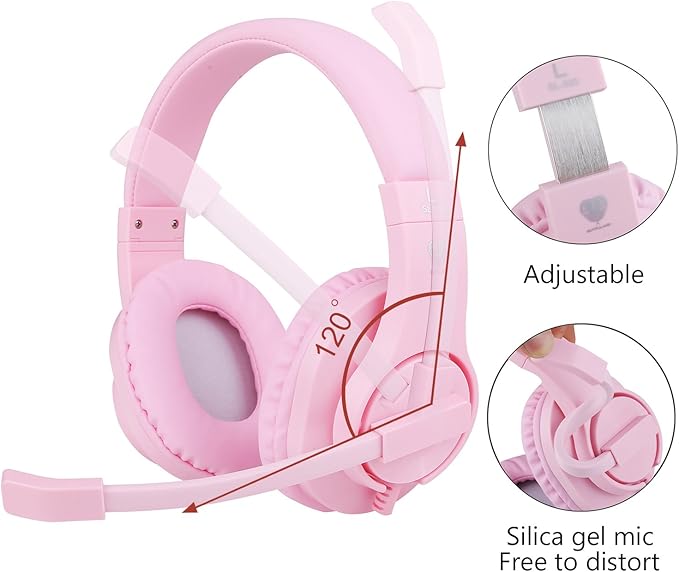 BlueFire Kids Headphones for Online School, Children, Teens, Boys, Girls, 3.5mm Stereo Over-Ear Gaming Headphone with Microphone and Volume Control for PS4, PS5, New Xbox One（Pink）