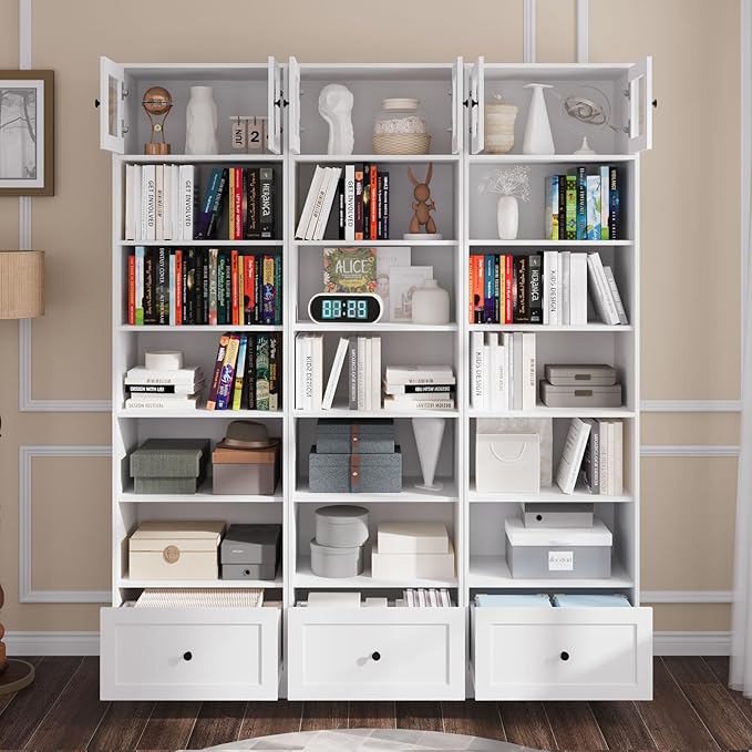TUSY 85.5 Inch Tall Bookshelf with Doors - 7 Tier Bookcase with Glass Doors and Drawer, 23.6" Wide Storage Cabinet with Open Shelves for Living Room, White Book Shelf for Home Office (BBB)