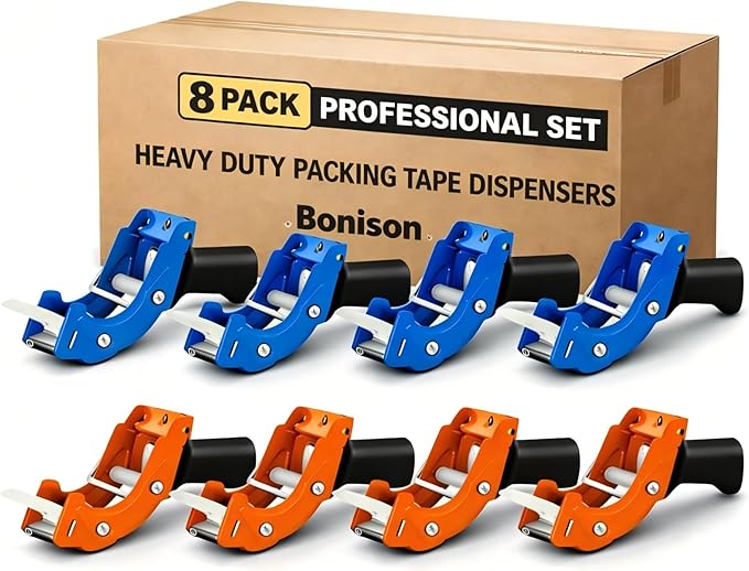 8 Pack Professional 3-Inch Tape Gun Dispenser, Heavy-Duty Packing Tape Dispenser for Shipping Boxes, Quick Reload, Works with Standard & Thick Tape, Ergonomic Handle for Warehouse, Moving & Office