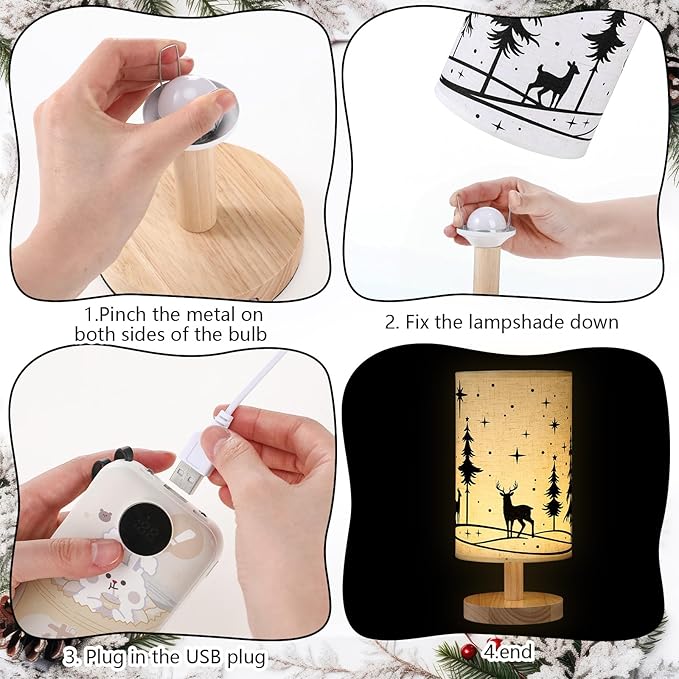 Glooglitter Christmas Lamp Christmas Decorations Indoor 11.6 Inch Small Xmas Tree Deer Bedside Table Light LED Desk Light USB Nightstand Lamp with Non Slip Wood Base Lampshade for Gifts Home Desk